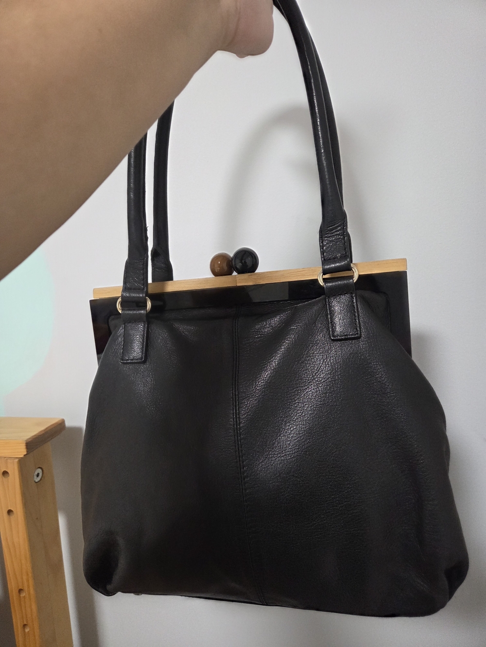 Kate Spade NY Classic Black Leather Handbag with Wooden Frame